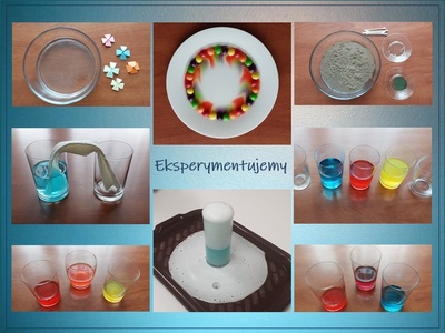 Zdjęcie wprowadzające - zajęcia Naukowo w bibliotece, eksperymenty naukowe, miski, szklanki, kolorowe płyny, piana, woda, kolorowe cukierki