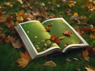 Zdjęcie wprowadzające - otwarta książka, trawa, jesienne liście
