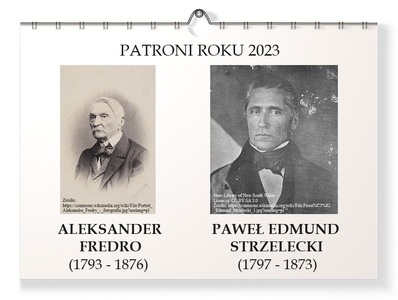 Zdjęcie wprowadzające - Patroni Roku 2023, portrety: A. Fredro, P. E. Strzelecki, nazwiska, daty biograficzne