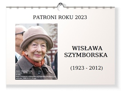 Zdjęcie wprowadzające - Patroni Roku 2023, portret: W. Szymborska, nazwisko, daty biograficzne