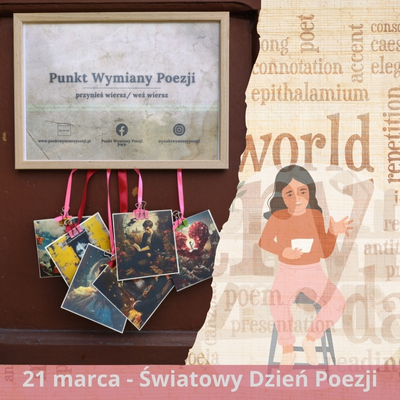 Ilustracja wprowadzająca - kolaż zdjęcie drzwi biblioteki z ramką &quot;Punkt Wymiany Poezji&quot;, ilustracja czytającej dziewczyny, napis 21 marca Światowy Dzień Poezji.